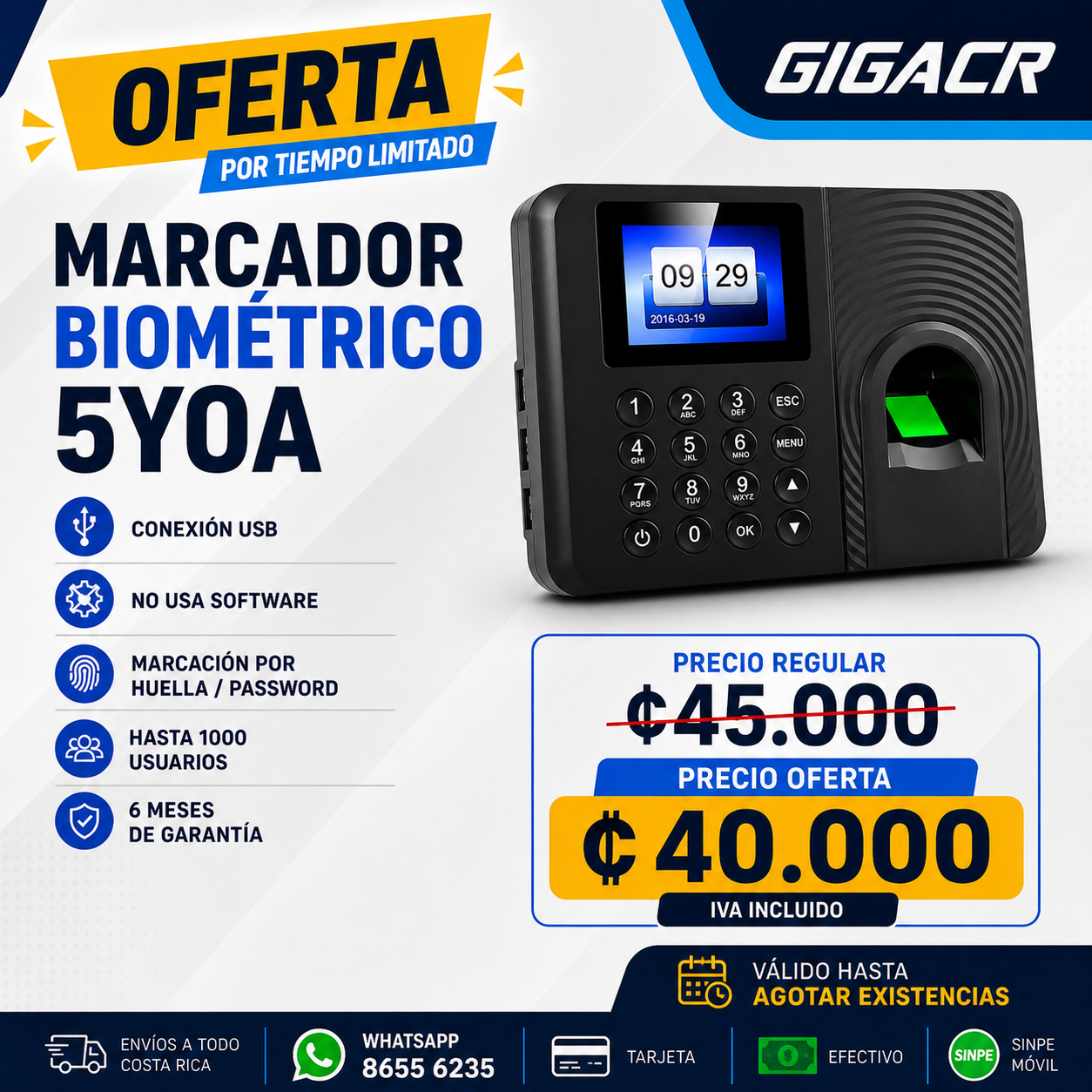Oferta: MARCADOR  BIOMETRICO  CONTROL DE HORARIOS/ ASISTENCIA PRECIO ESPECIAL