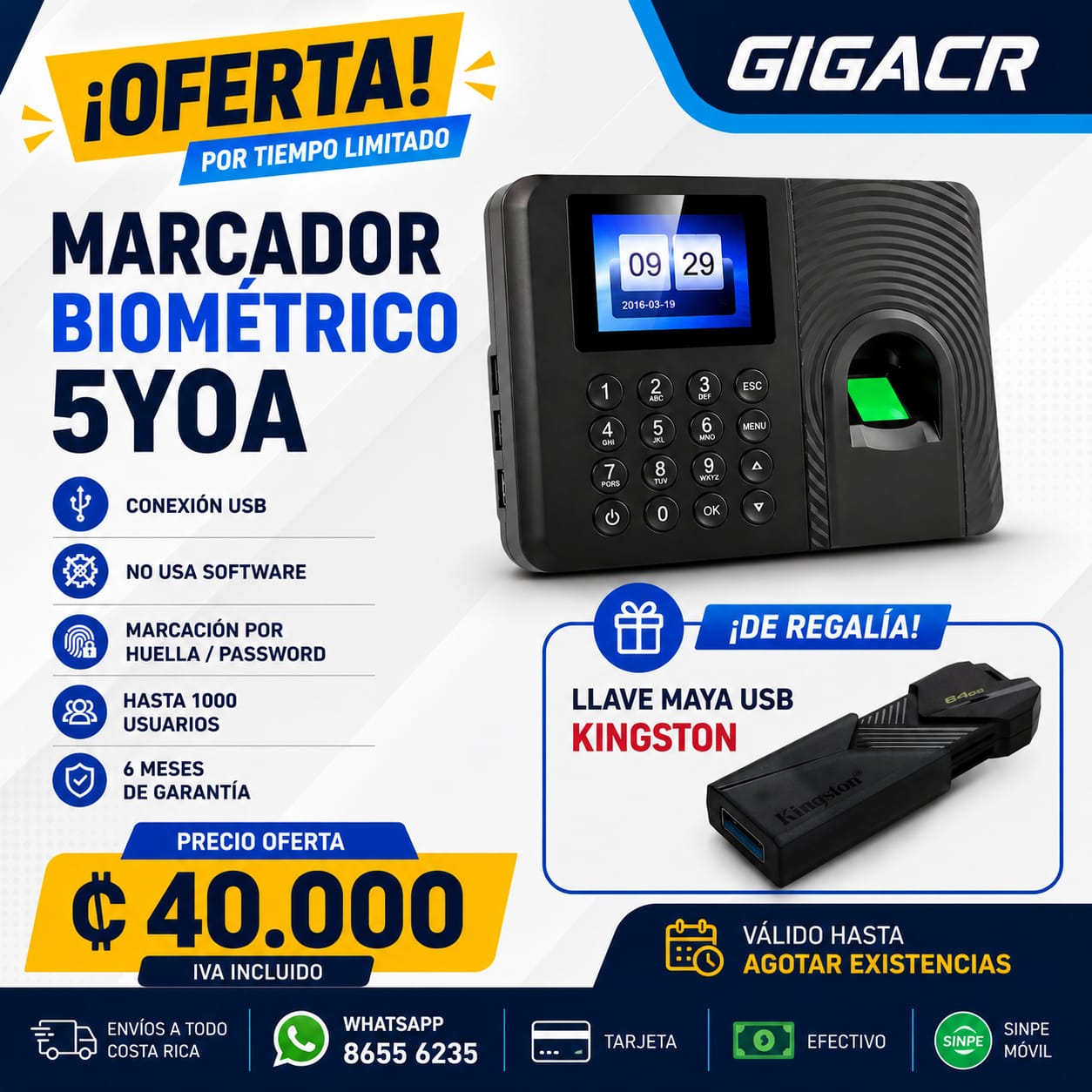 Oferta: MARCADOR  BIOMETRICO  CONTROL DE HORARIOS/ ASISTENCIA PRECIO ESPECIAL + REGALIA