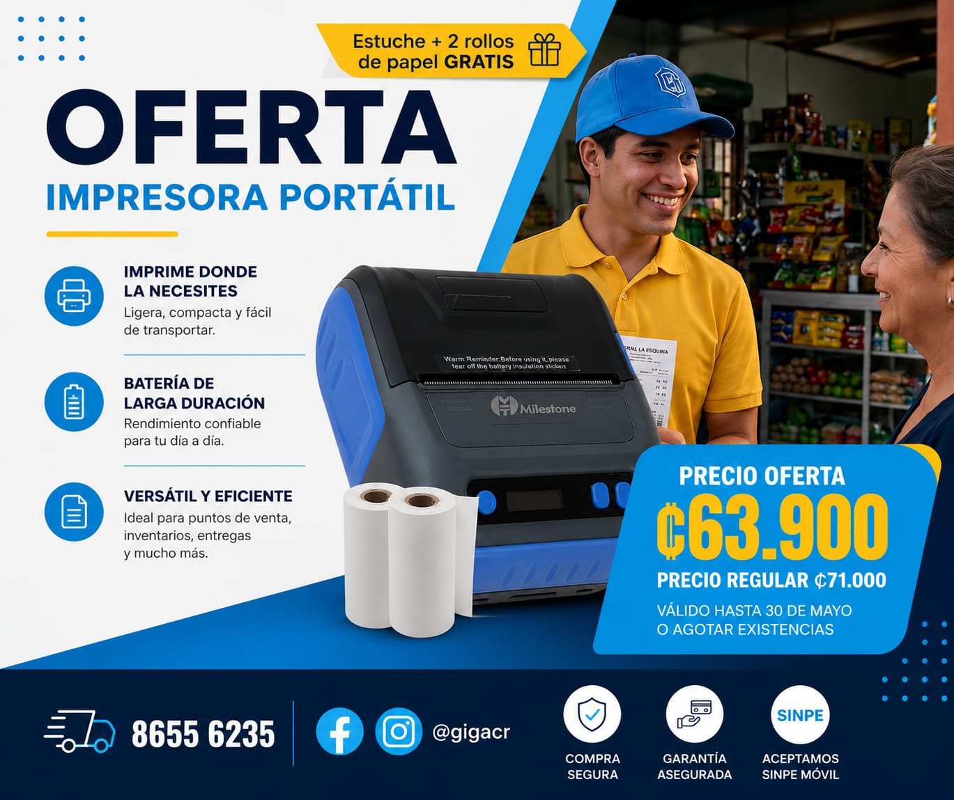 Oferta: Impresora de recibos y etiquetas Portátil 80mm + 2 rollos y estuche Gratis